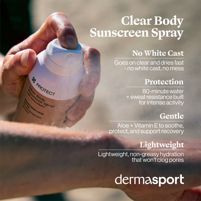 Hand holding a bottle of dermasport clear body sunscreen spray with product features listed.