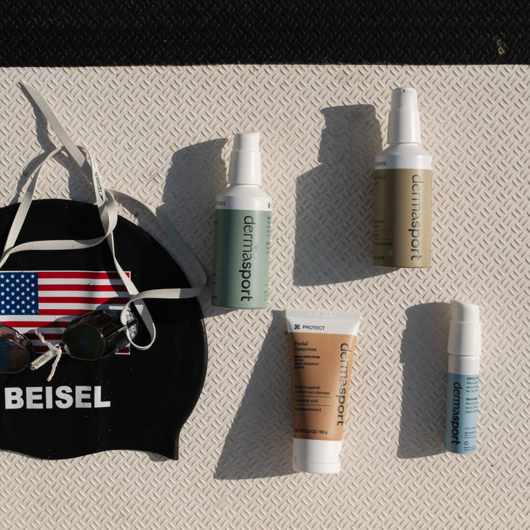 Olympic swimmers Elizabeth Beisel and Nathan Adrian using Dermasport to remove chlorine and soothe dry skin after swimming.