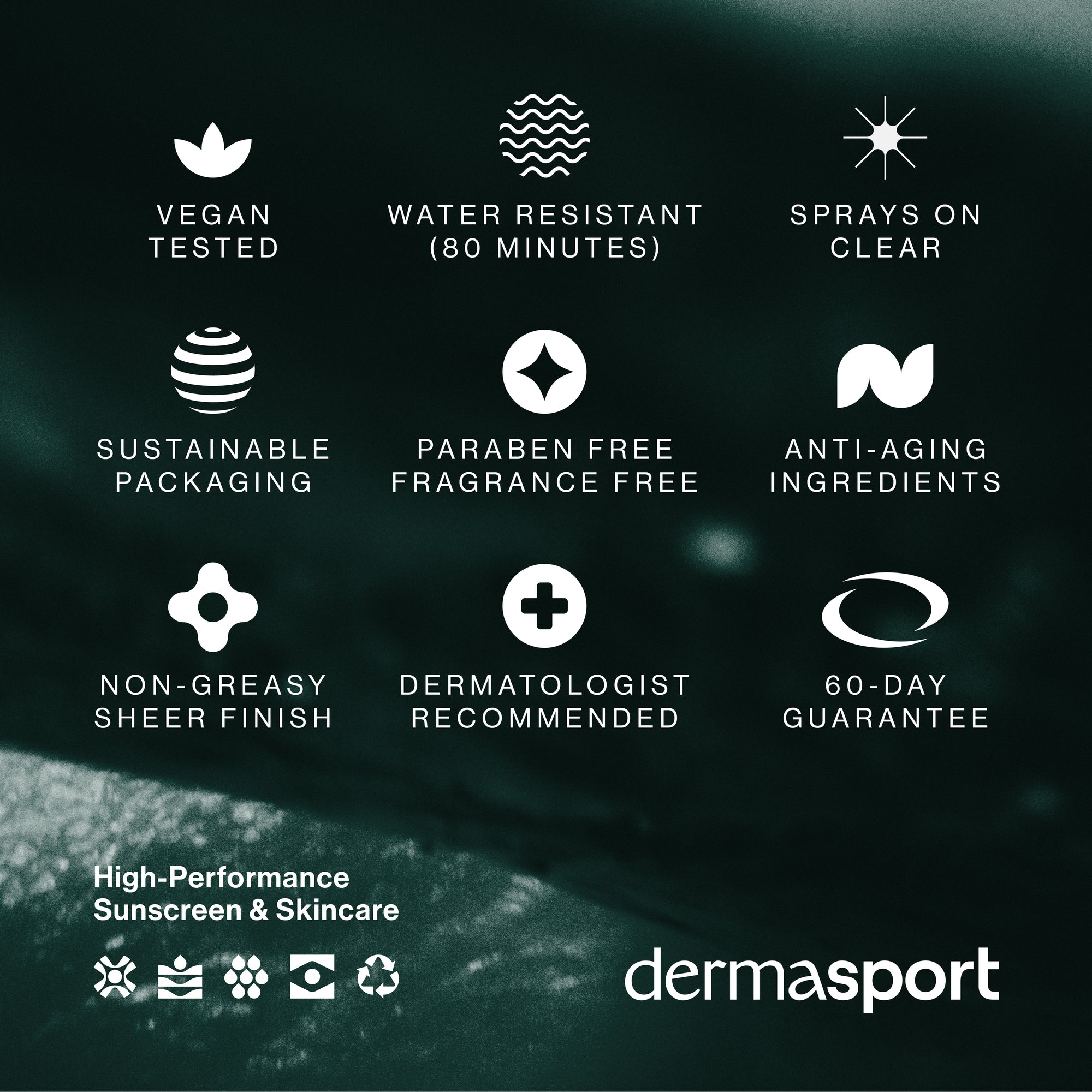List of product features with icons and text on a dark background, featuring the brand 'dermasport'.