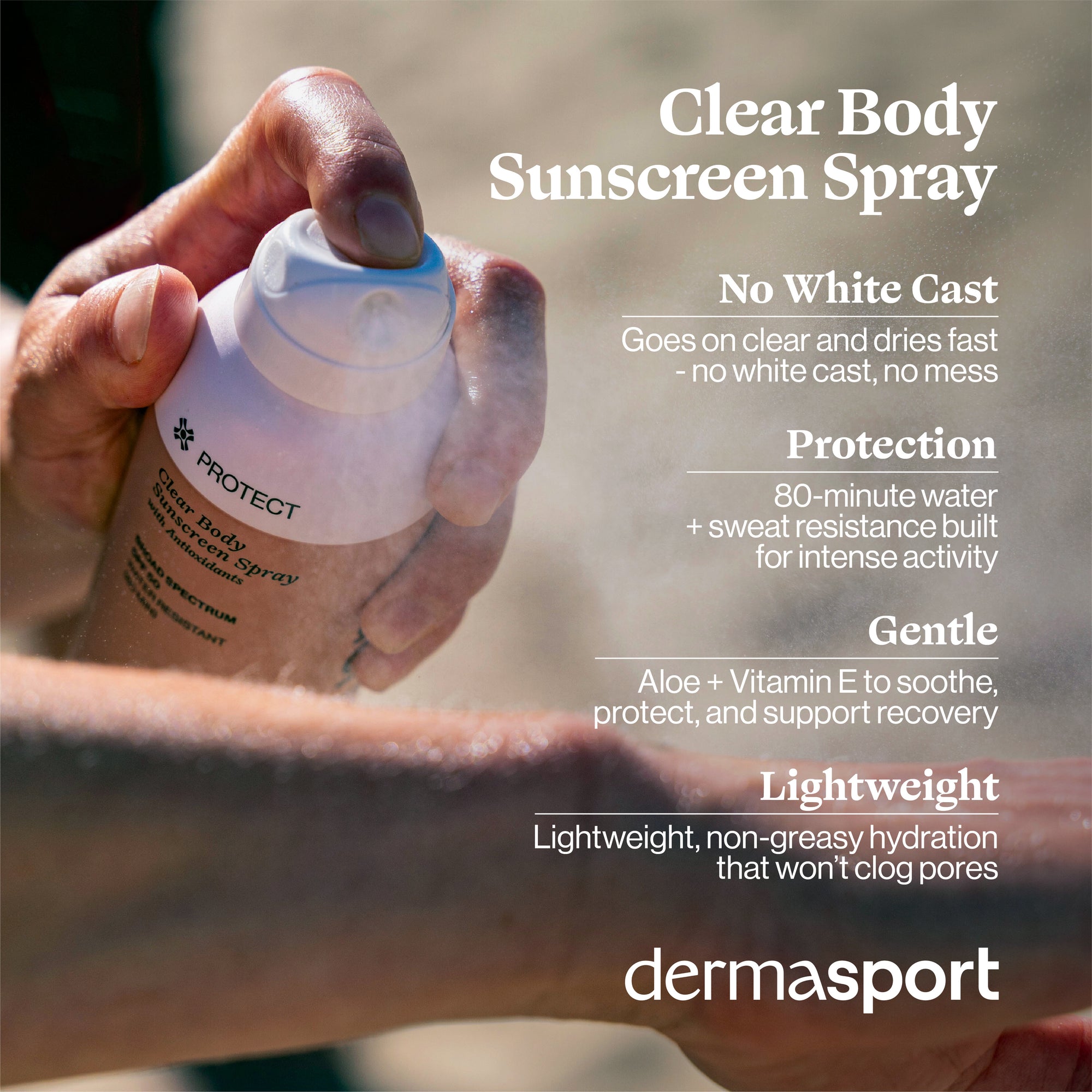 Hand holding a bottle of dermasport clear body sunscreen spray with product features listed.