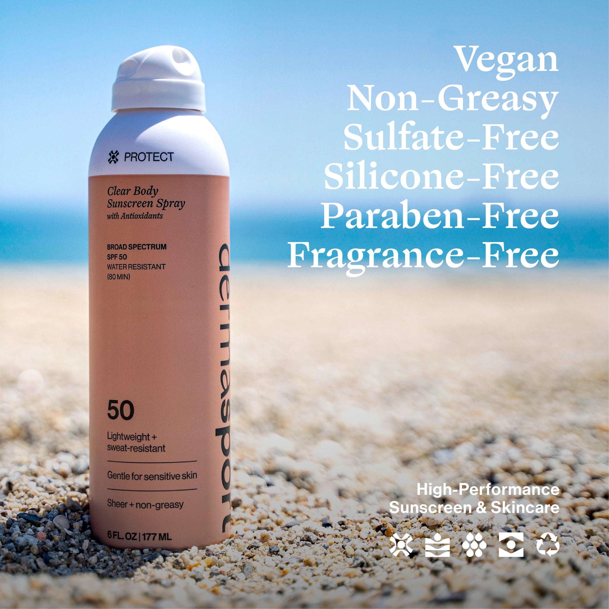 Sunscreen spray can on sand with beach background and product features text.
