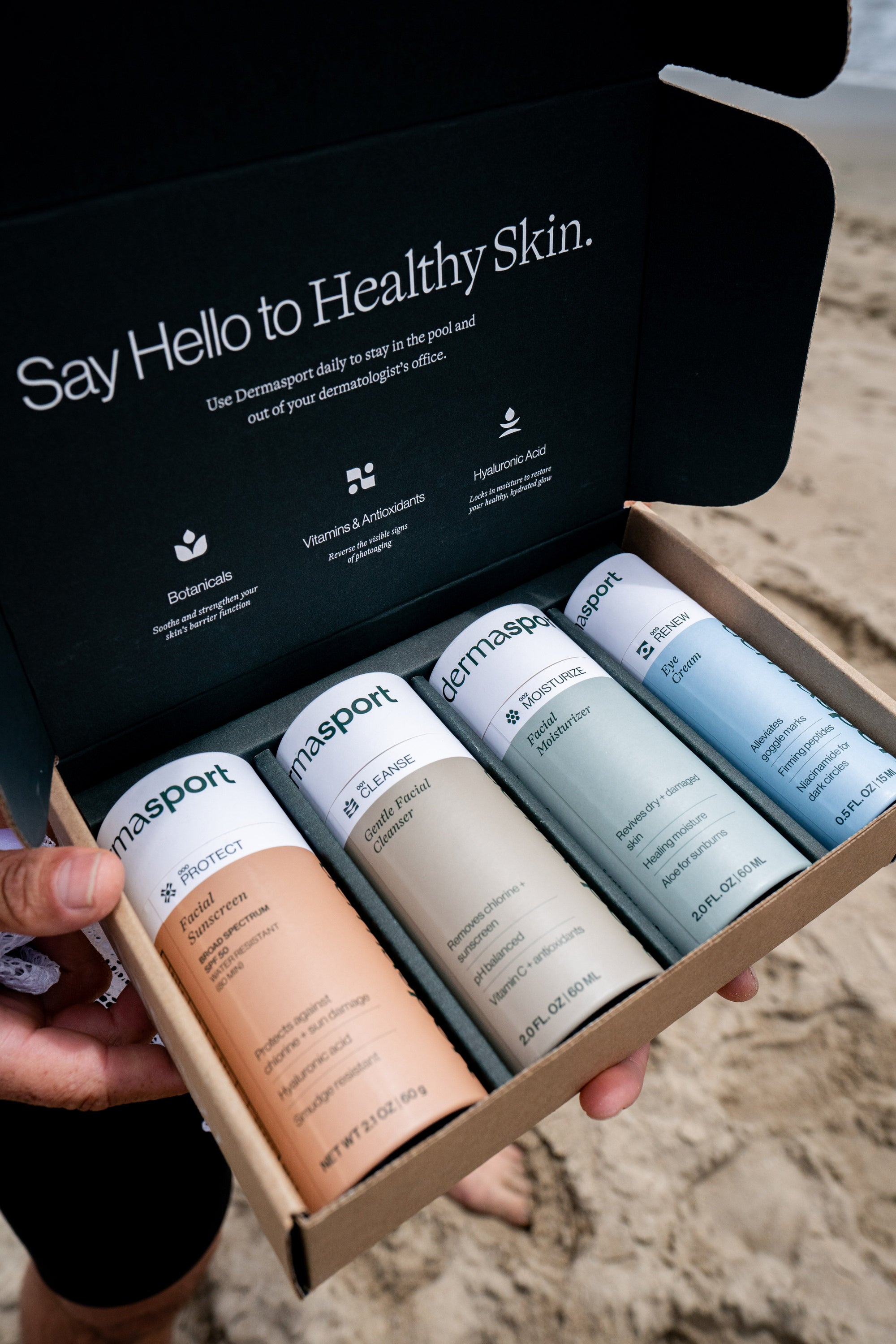 Set of skincare products in a box with 'Say Hello to Healthy Skin' text.