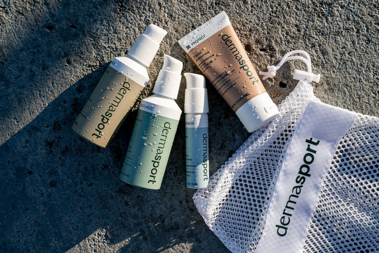 Hero image showcasing Dermasport's four products: SPF 50 Facial Sunscreen, Gentle Facial Cleanser, Facial Moisturizer, and Renew Eye Cream, designed for swimmers and athletes as part of a complete daily skincare system.