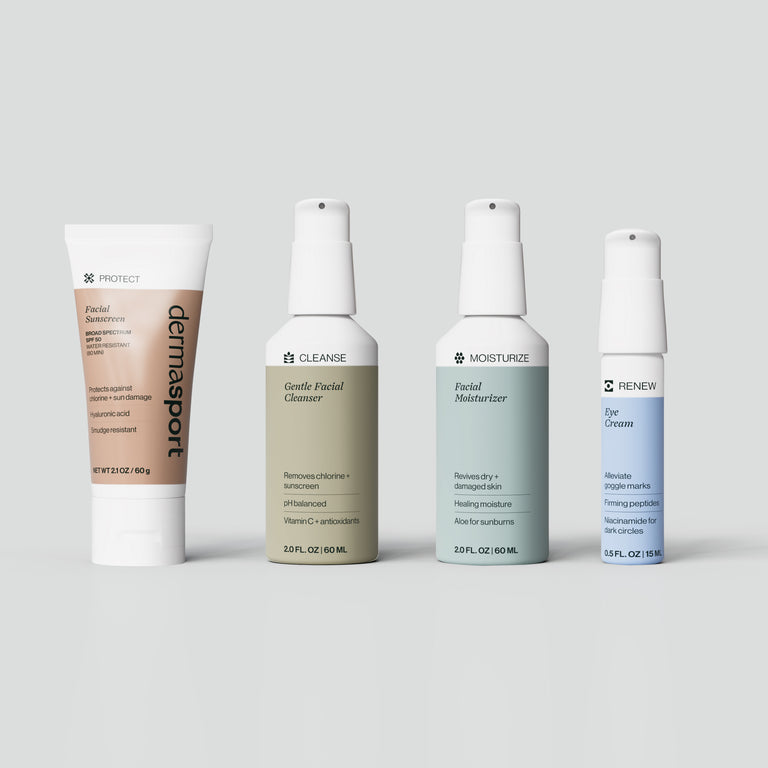 Dermasport's Complete Kit has 4 skincare products that offer water-resistant protection against UV, dry skin, and goggle marks. 